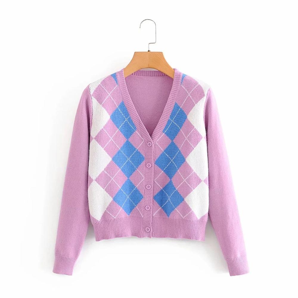 

Women' Cardigan Vintage Stylish Geometric Pattern Short Knitted Sweaters Fashion Long Sleeve England Style Chic Outerwear Tops 210521