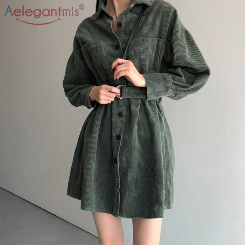 

Aelegantmis Vintage Corduroy Dress Women Slim Korean Office Lady Mini Green Solid Turn Down Collar A-Line Vestido Mujer 210607