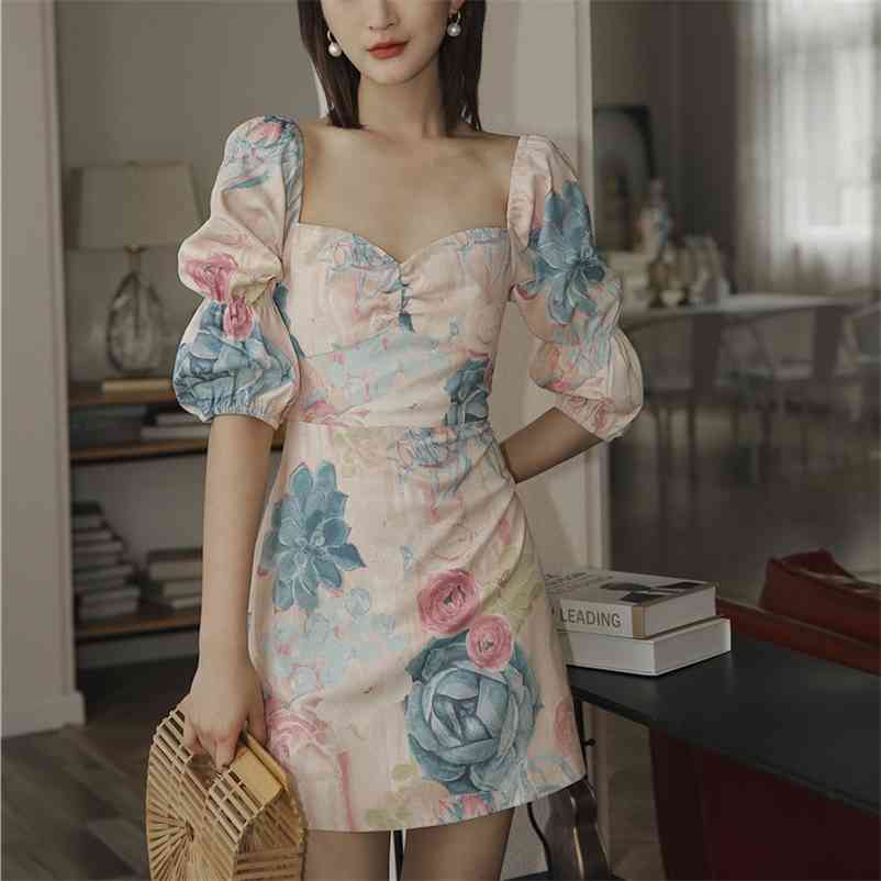 

Vintage Print Summer Dress Women Square Collar Lantern Half Sleeve High Waist Hit Color Mini Dresses Female Vestido 210519, As picture