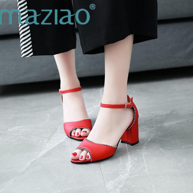 

Dress Shoes MAZIAO Summer Sandals Women Fashion Thick High Heel Party Buckle Ankle Strap Female Red Blue Plus Size 30-46, Black