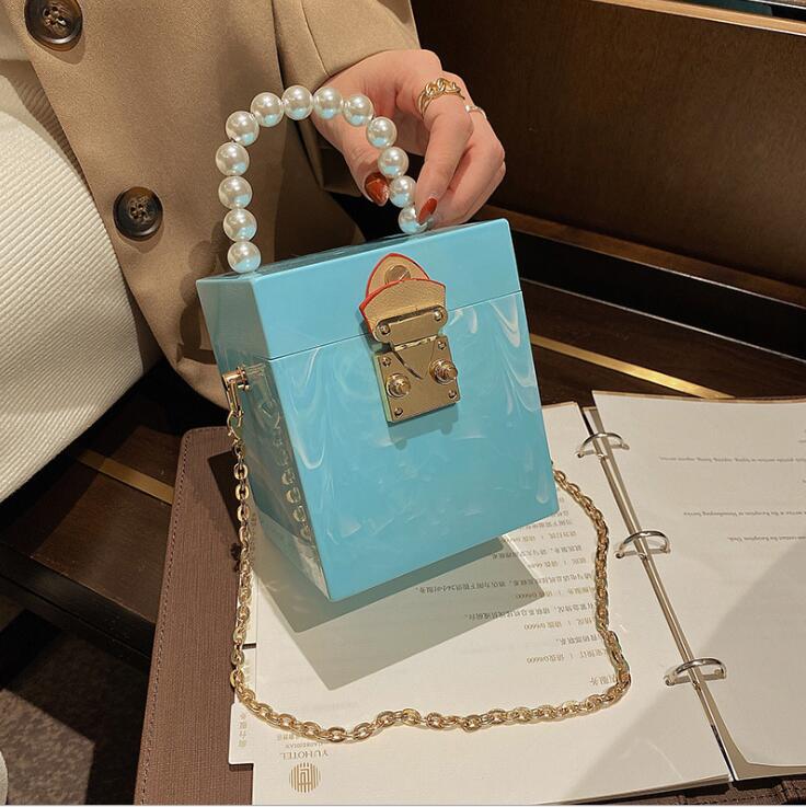 

wholesale women handbag small fresh solid color hard box chain bag sweet candy-colored Acrylic square handbags street trend Marble Beads fashion shoulder bags