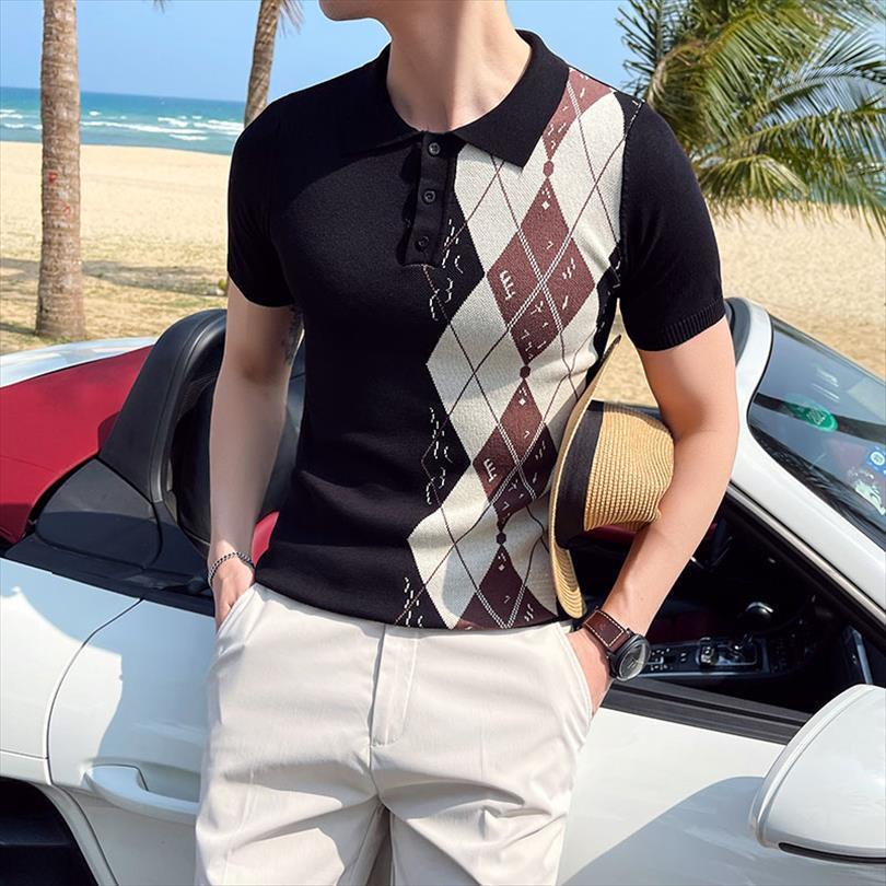

summer knitted shirts short sleeve mens polo lapel tee style palid business casual slim hombre clothing, White;black
