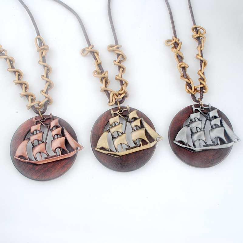 

Pendant Necklaces Antique Vintage Long Rope Chain Necklace Wooden Alloy Sailing Ship Pendants Neckless Cord Men Jewelry Accessories