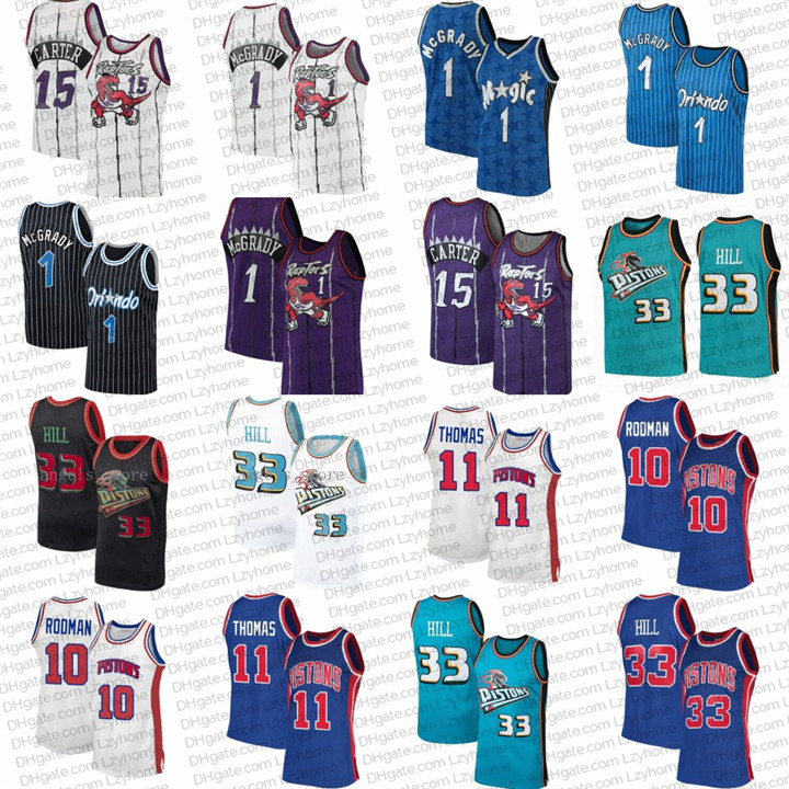 

Vintage Grant 33 Hill Basketball Jerseys Isiah 11 Thomas Dennis 10 Rodman Vince 15 Carter Tracy 1 McGrady Detroit Pistons Toronto&#1, Black;red