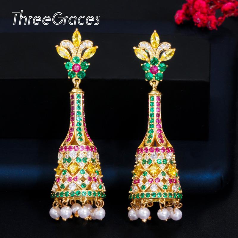 

Dangle & Chandelier ThreeGraces 2021 Retro Ethnic Red Green CZ Crystal Aesthetic Long Pearl Drop Earrings Bohemian Ladies Wedding Jewelry ER, Silver