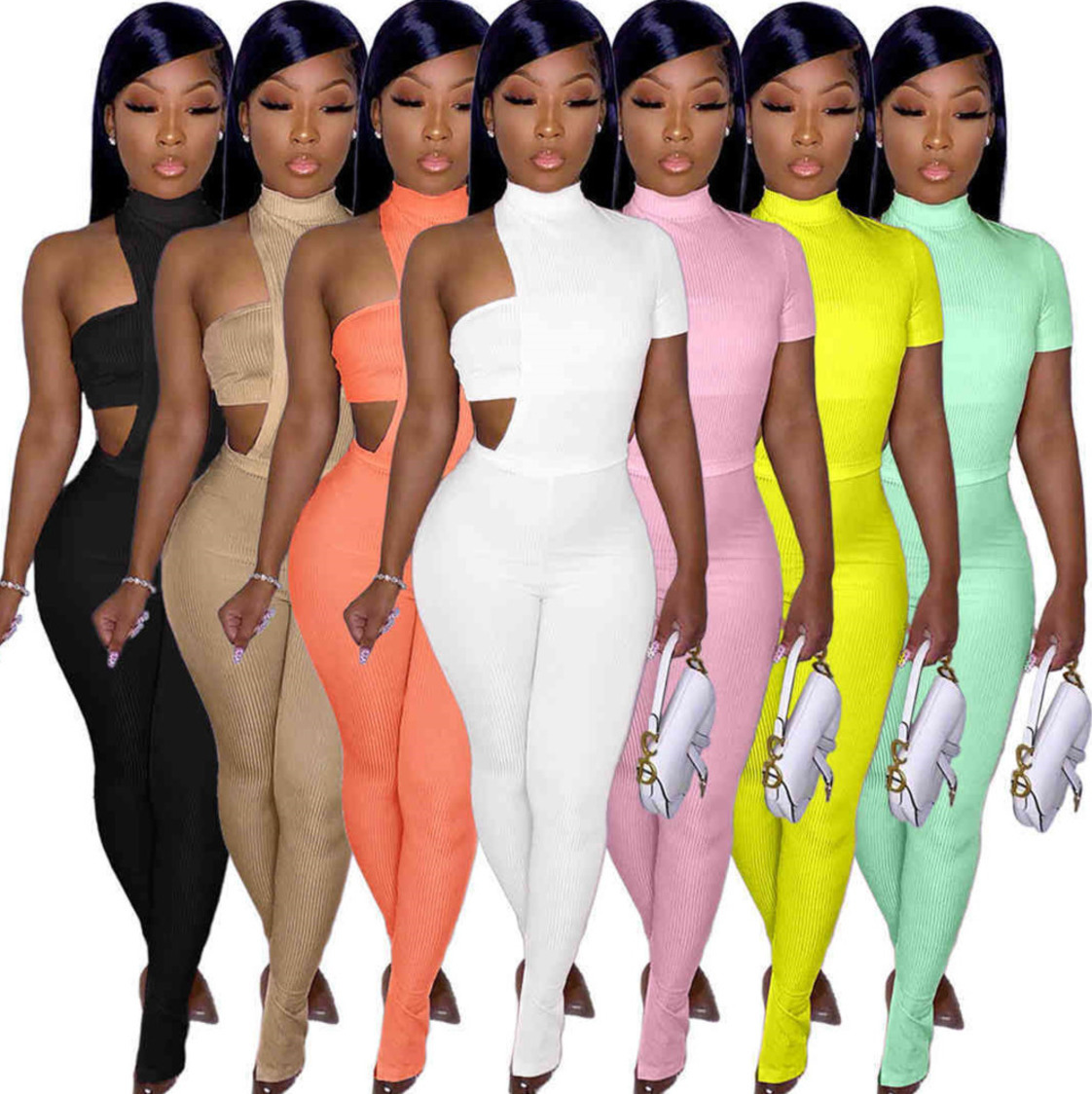 

summer women tracksuits womens asymmetric pit strip chest wrapped jacket split pants Hollow out Short sleeve trousers three piece sets T536, White