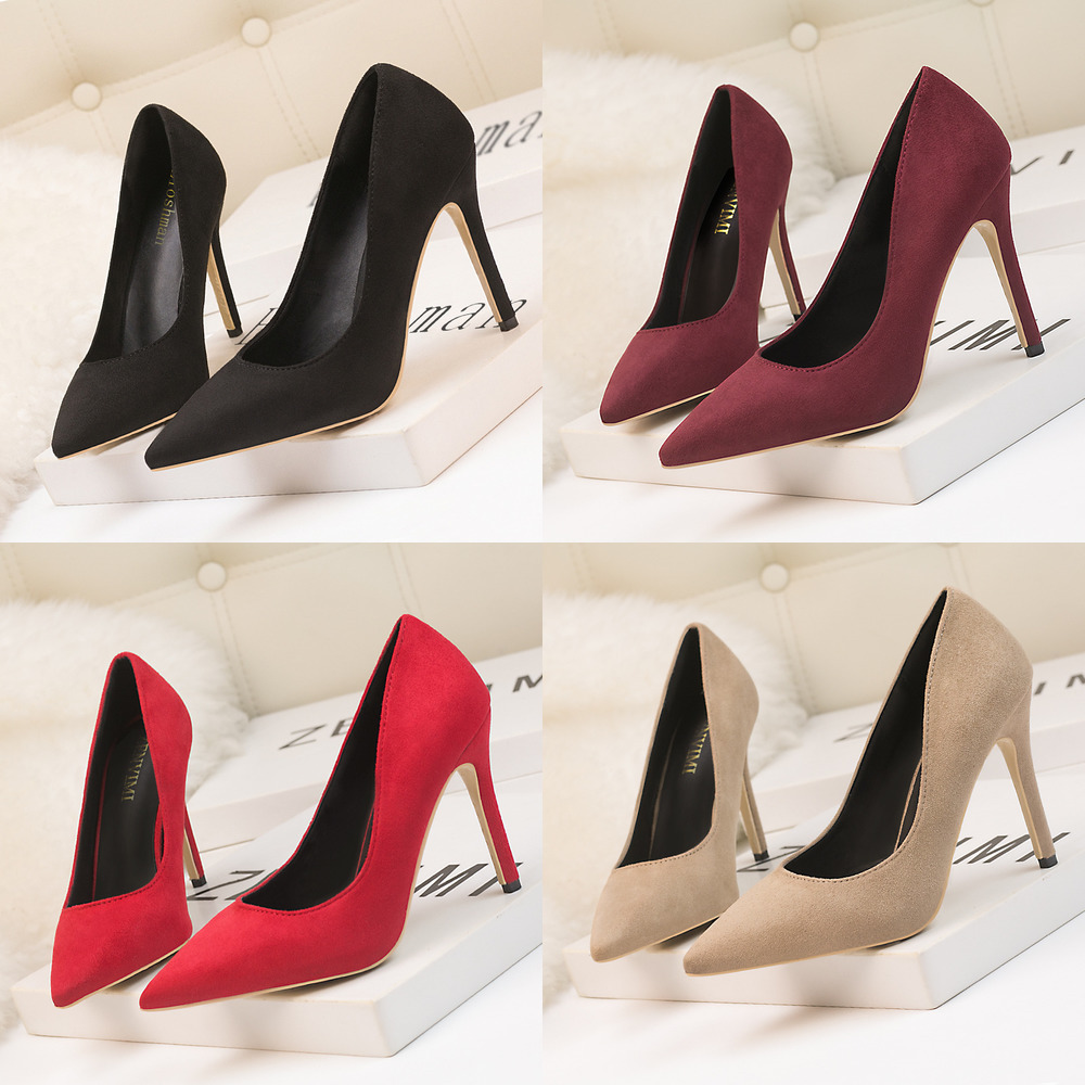

Simple Thin Heel High Heel Suede Shallow Mouth Pointed Professional Ol Slim Women's Shoes High Heel Single Shoes, Red