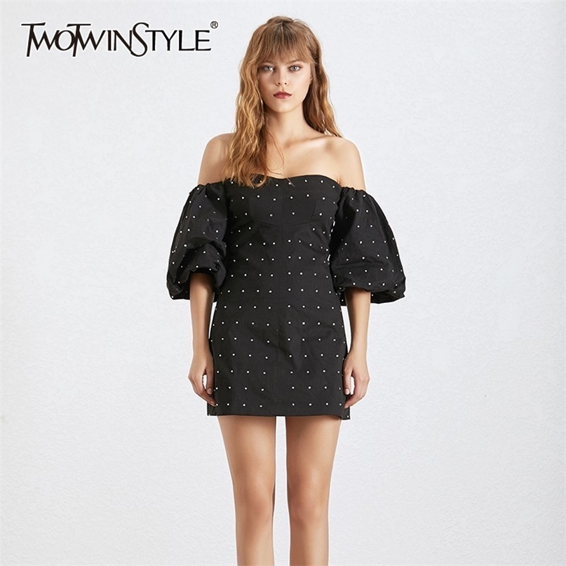 

Diamonds Patchwork Women's Dress Slash Neck Off Shoulder Lantern Sleeve High Waist Mini Party Dresses Female 210520, Black