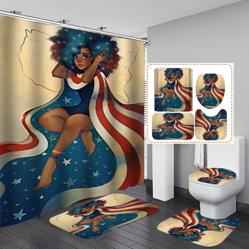 

Shower Curtains Cute Star Hair American Wearing Cloak Girl Bathroom Anti-skid Rugs Toilet Lid Cover Bath Mat Set Home Decor