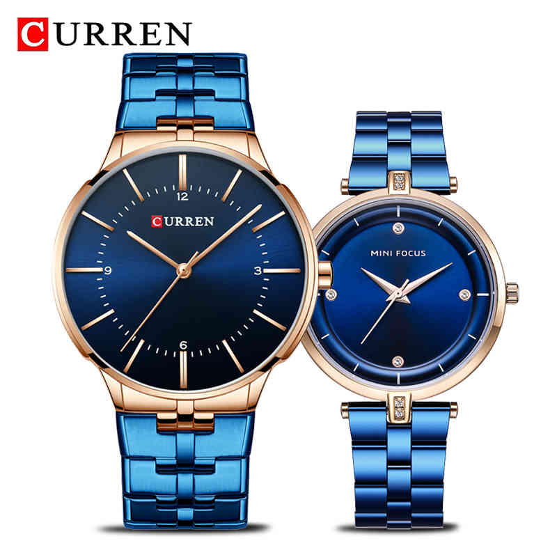 

CURREN Brand Luxury Lovers Watches Fashion Quartz Women Men Watch Stainless Steel Couple Wristwatch Relojes Hombre Set for Sal 210517, Blue
