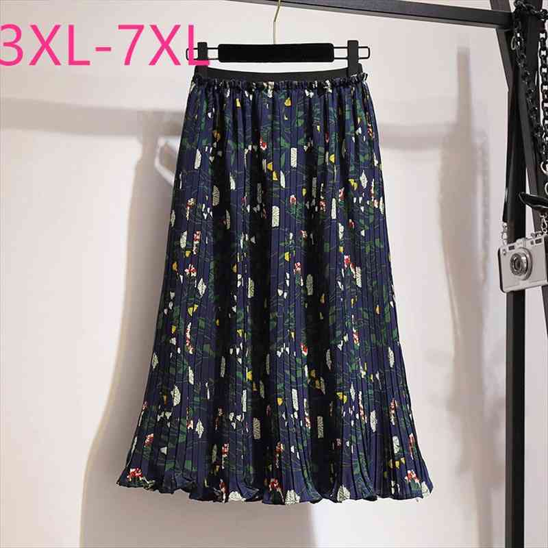 

spring summer plus size midi skirt for women large casual elastic waist floral print pleated skirts 4xl 5xl 6xl 7xl, Black