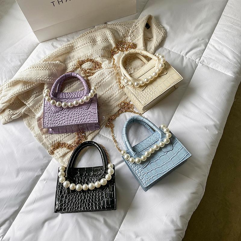 

Simple Fashion Women Small Square Bag High Quality PU Leather Ladies Shoulder Crossbody Female Pearl Chain Handbags Purses Cross Body, Beige