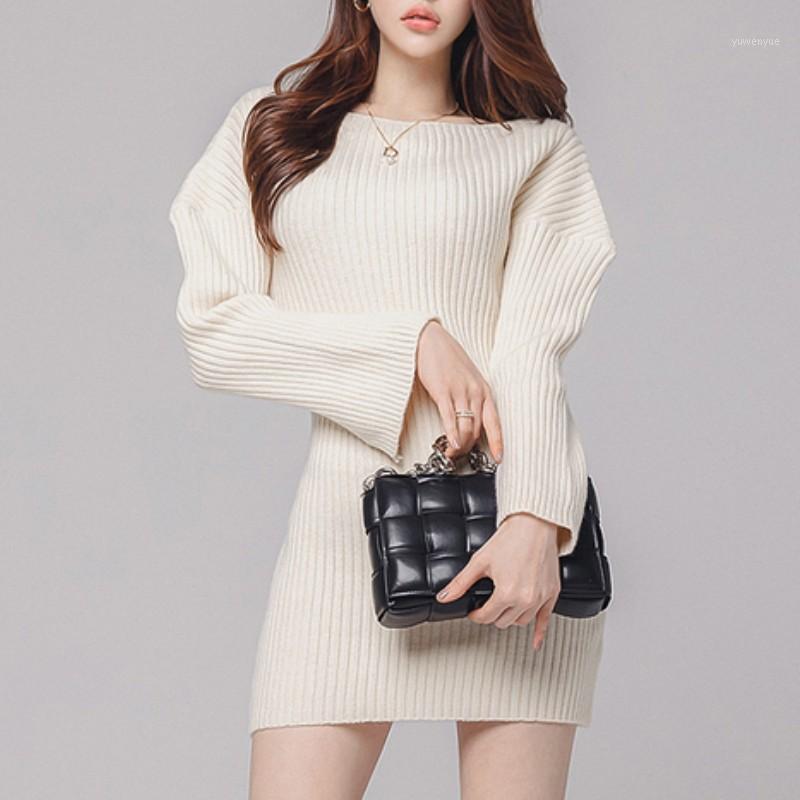 

Casual Dresses Fashion Long Sleeve Sweater Dress Women Autumn Winter Korea Knitted White Solid Bodycon Mini Party Vestidos