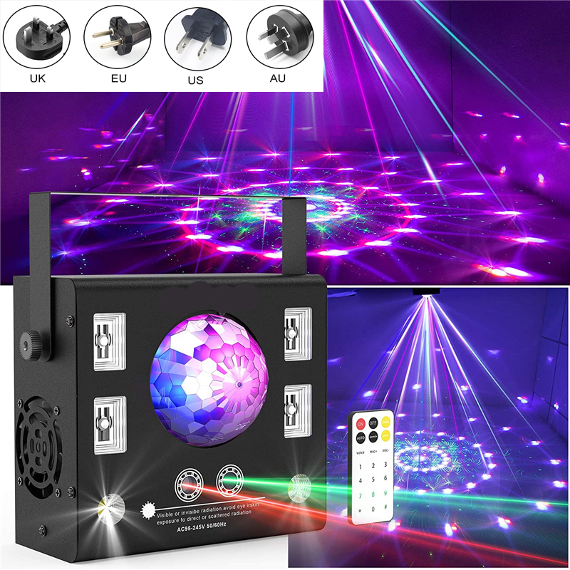 

LED Stage Laser Lighting Dmx Projector 4 In 1 Strobe Flash Remote Control Magic Crystal Ball UV Effect Beam Spot Xmas Lights DJ Disco Remotes Music