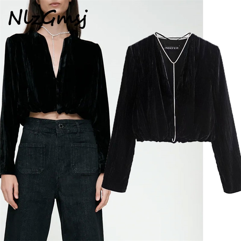 

Blouse Women Velvet Vintage Costume Jewelry Decoration V Neck Long Sleeve Blusas Chic Female Casual Shirt Tops 210628, Black