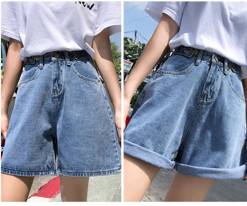 

Streetwear womens button high waist short harajuku denim fold wide legs blue shorts 2021 summer, White;black