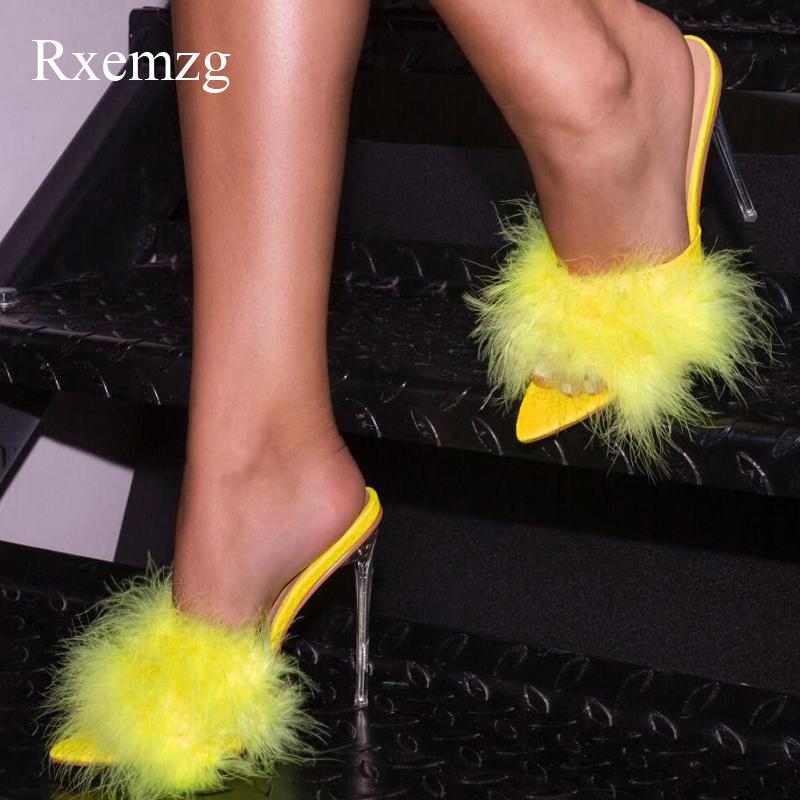 

Slippers Rxemzg Pointed Toe Heels Summer Shoes Woman Flip Flops Super High Sandals Women Sexy Feather Ladies Party, Black