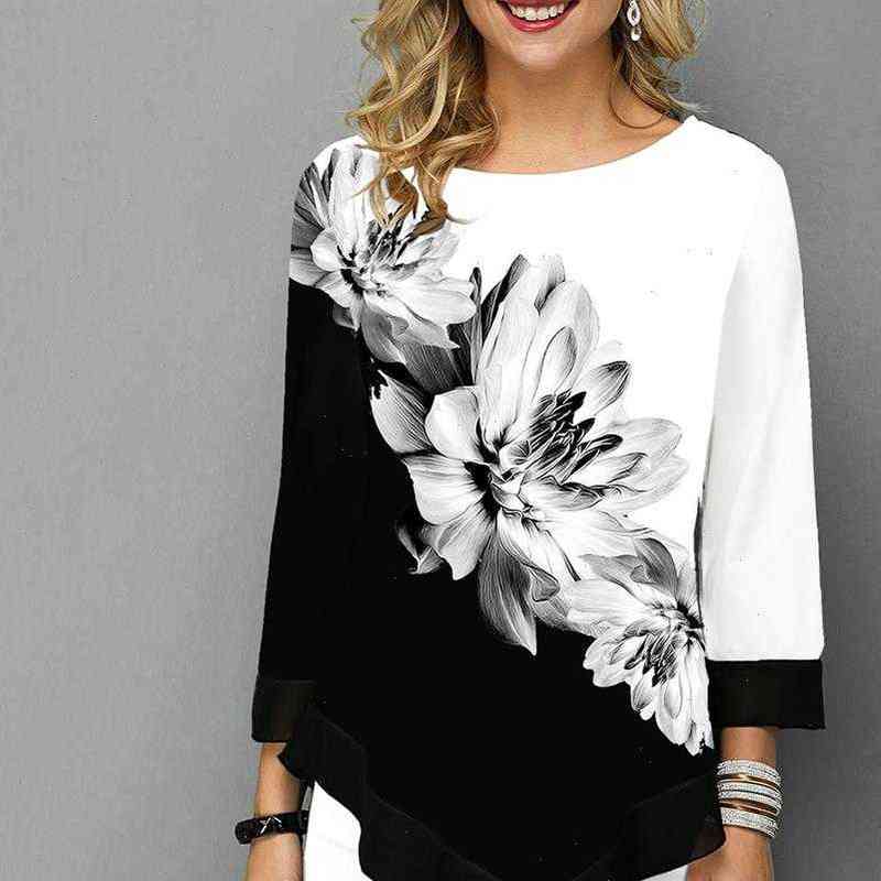 

women shirts floral printed shirt asymmetric hem summer blouse for woman flower print blusas fashion female camisa, White