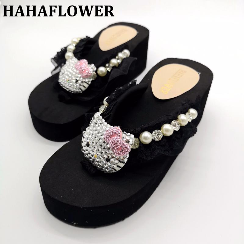 

Slippers HAHAFLOWER Women Summer Home Cartoon Cat Shoes Flip Flop House Indoor Bedroom Sweet Floor, Black