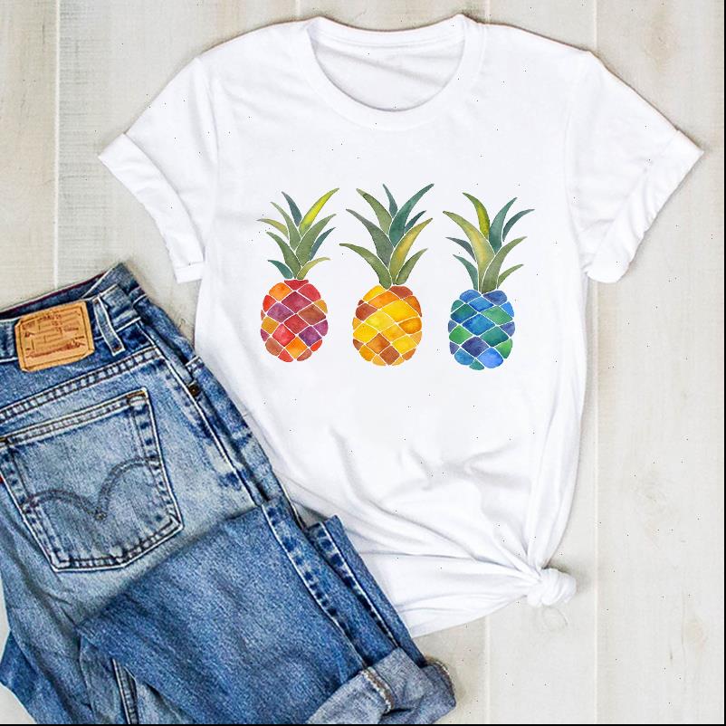 

women womens t shirt lady pineapple plaid fashion fruit beach ladies summer tee female clothes graphic, White