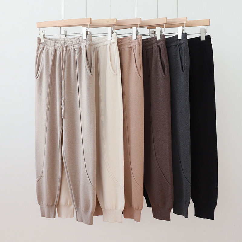 

Autumn And Winter Casual Thickened Sports Pants Women's Fashion Knitted High Waist Beam Feet pants 210520, Apricot