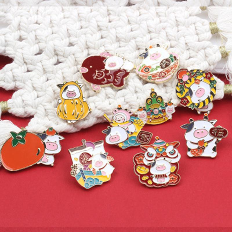 Pins, Brooches Doreen Box Vintage Chinese Year Cute Cow Animal Enamel Pins Women Girls Sweater Coat Jewelry Lapel Badges,PC-image-707214087