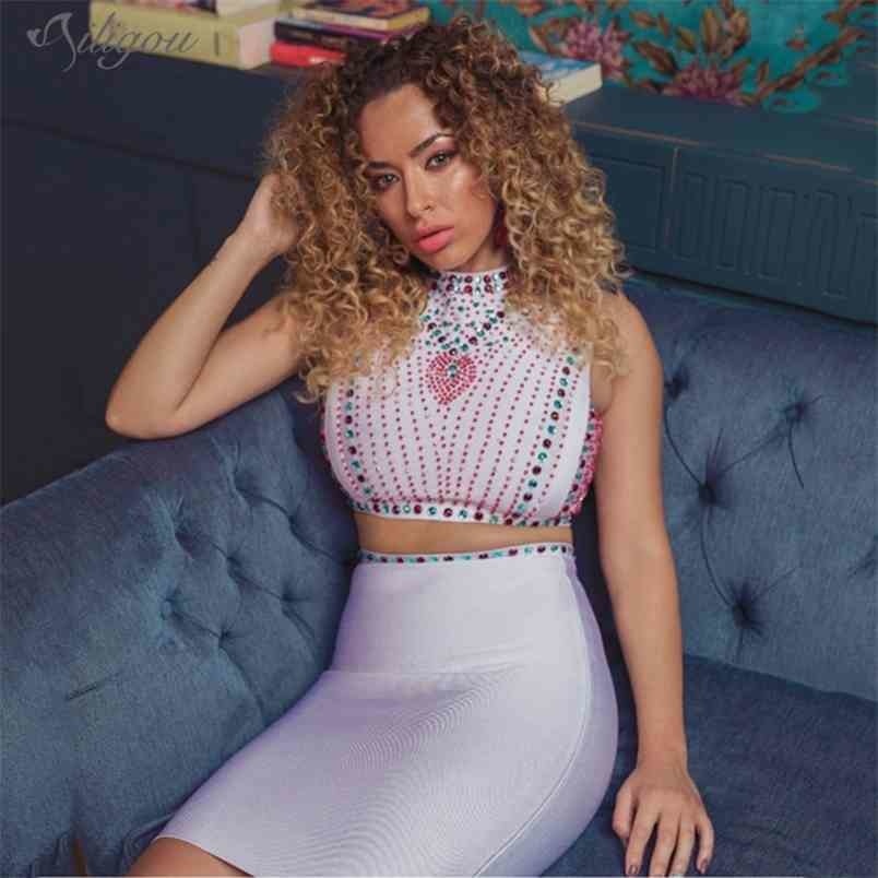 

Women'S Two-Piece Mini Bandage Dress Celebrity Club Party Sexy Bodycon Sleeveless Round Neck Beaded Pink Skirt 210525