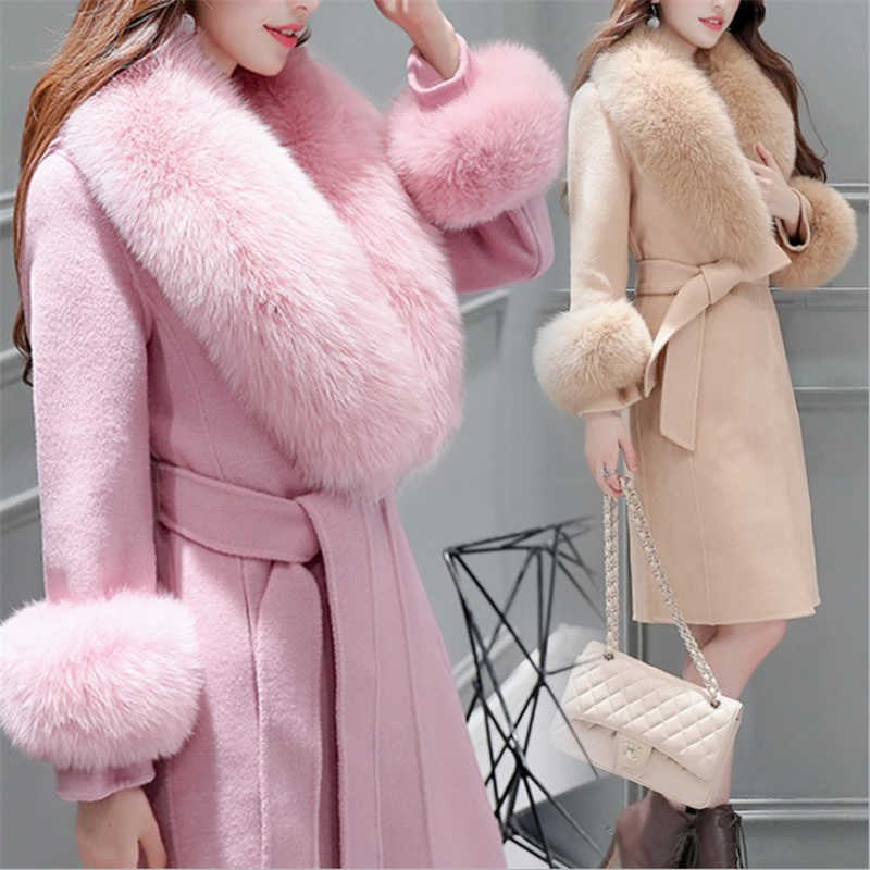 

Autumn Winter New Women's Slim Trench Woolen Coat Korean OL Mid-Length Big Fur Collar Solid Color Lacing Woolen Outerwear Female X1027, Tan;black
