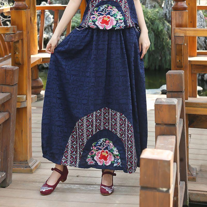 

Skirts Cotton Linen Skirt Harajuku Womens Faldas Mujer Moda Clothes Chinese Style A-Line Embroidery Ankle-Length, Navy