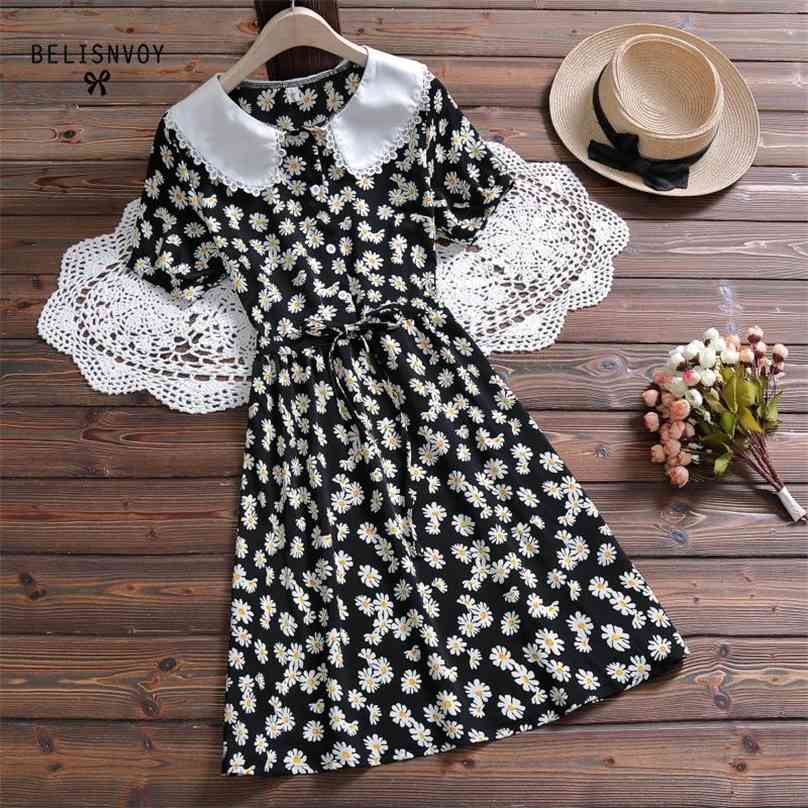 

Mori Girl Summer Dress Women Short Sleeve Little Daisy Printed Chiffon Dresses Pater Pan Collar Lace Vintage Party Vestidos 210520, Clear