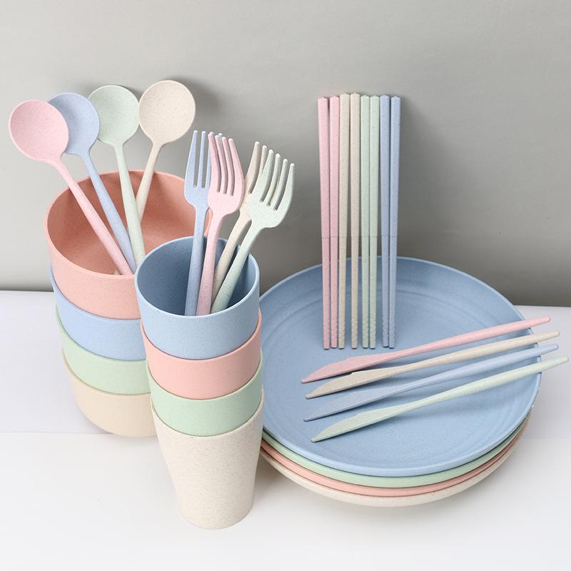 

Dinnerware Sets 28 Pcs Reusable Family Wheat Straw Tableware Kitchen Tools, Pink28pcs