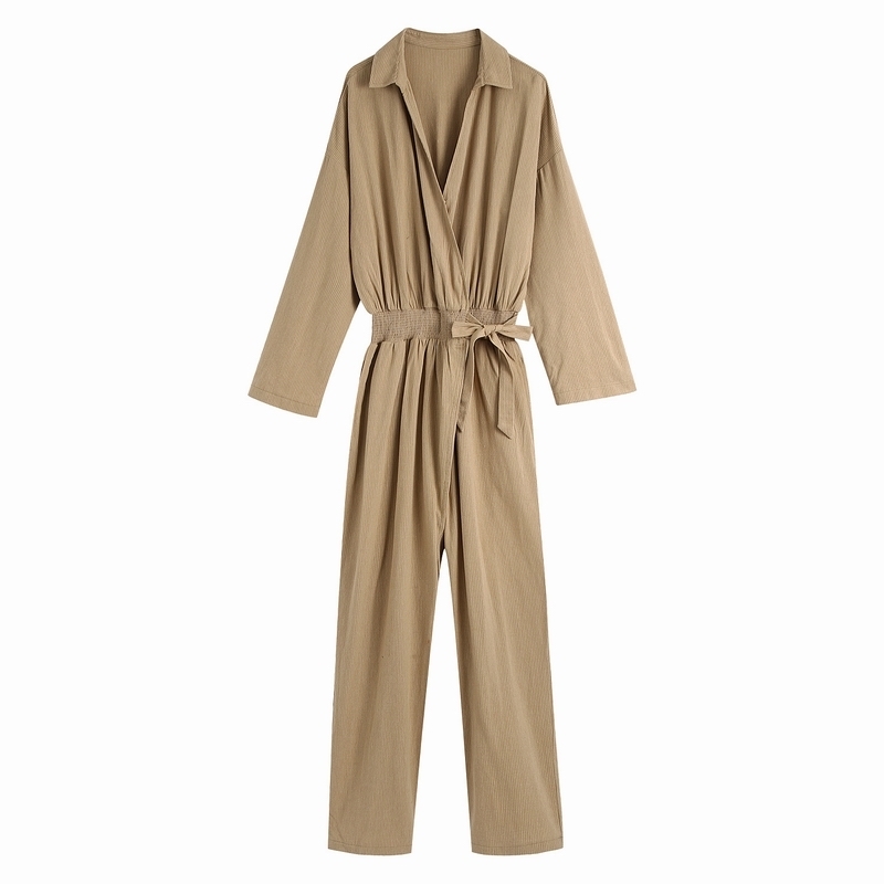 

Women Jumpsuit Spring Fashion Full Sleeve Elastic Waist With Sash Modern Lady Casual Striped Pant Overall 210602