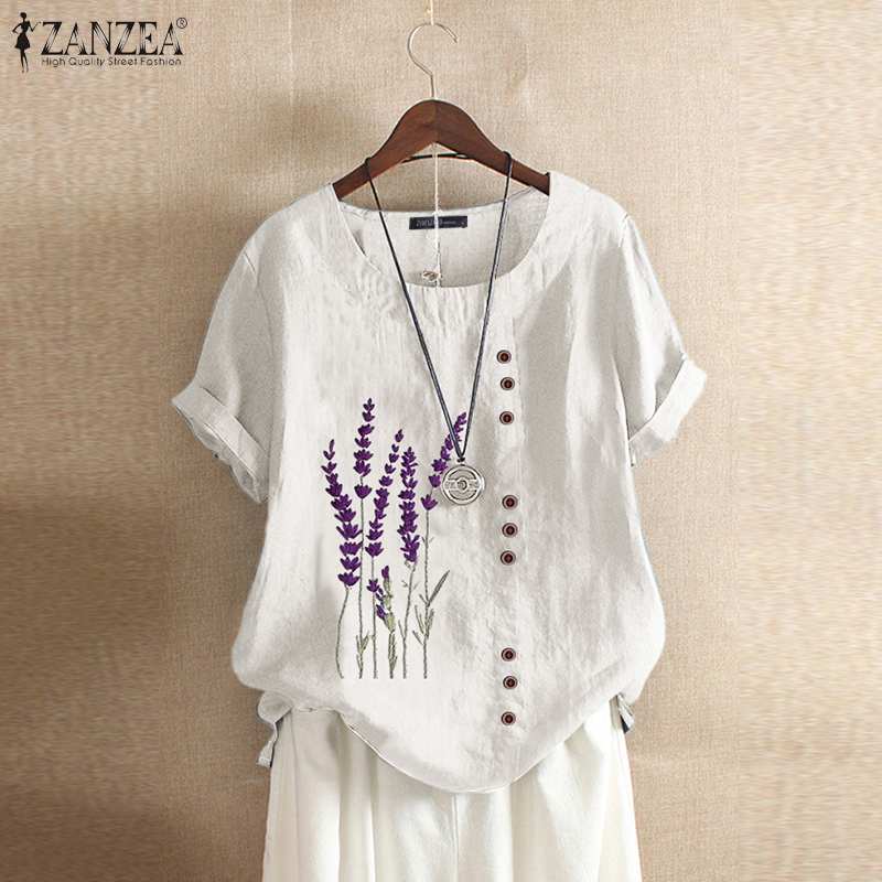 

Vintage Cotton Linen Blouse 2021 ZANZEA Summer Embroidery Tunic Tops Women Casual O Neck Short Sleeve Work Shirts Female Blusas, Navy