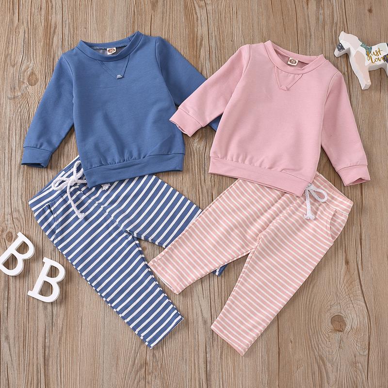 

Clothing Sets Spring Autumn Baby Boys Girls Solid Sweatshirt +Striped Drawstring Pants Infant Outfits Suits Children's Clothes, White