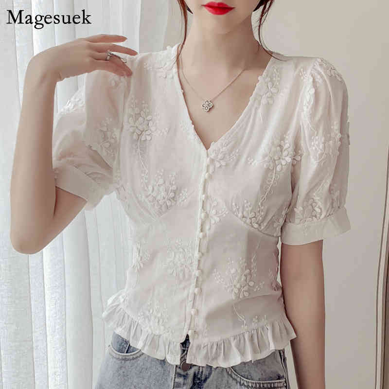 

Korean Chic Vintage Embroidery Floral Women' Shirt Puff Sleeve Blouse Woman Fashion Slim Solid Top Female Clothing 14068 210518, White