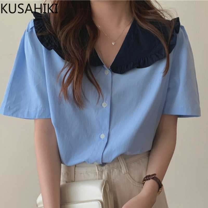 

KUSAHIKI Vintage Hit Color Peter Pan Collar Blouses Causal Short Sleeve Top Shirts Single Breasted Blusas Mujer 6H140 210602, Blue