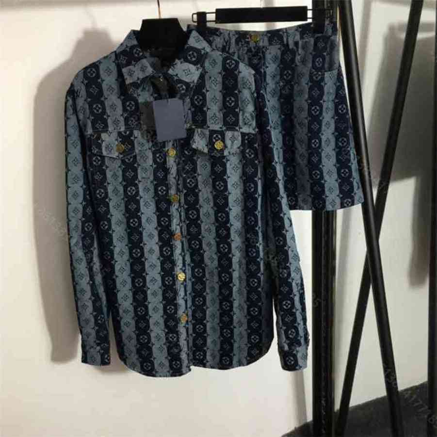

Designer denim shirt dress suit women clothes presbyopia logo denim shirt jacket A high waist short skirt two-piece high-end fashion clothes, Gray
