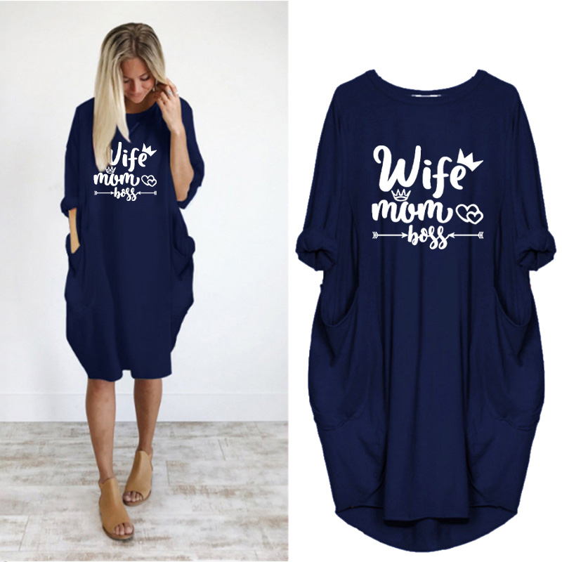 

Women Fashion Dresses Plus Size with Wife Mom Boss Letters Print Pocket Summer Autumn Vestidos Beach Woman Dress Black Big Size Clothes, D002a1324-pink