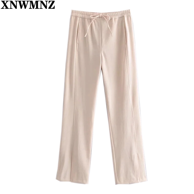 

women full-length wide-leg trousers with split hems Vintage woman High Waist Drawstring Solid pockets Pants Ladies 210520, Creamy-white