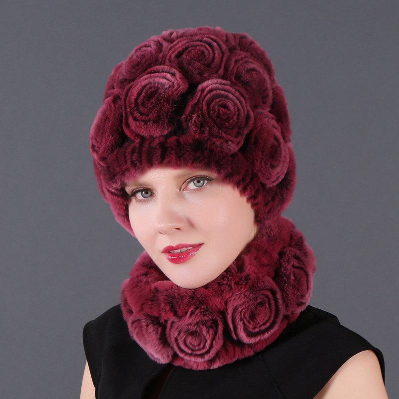 

Caps & Hats Winter For Girls Women's Fur Hat Real Rex Cap Floral Knitted With Balls Skulls Beanies 55-59cm, Yellow