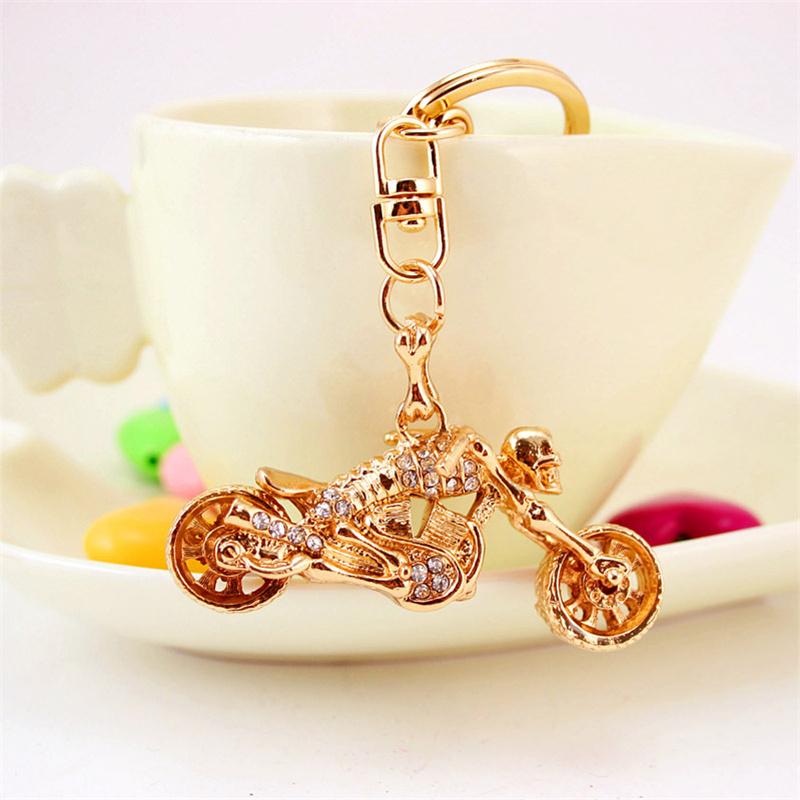 

Keychains Gold Color Skull Motorcycle Model Shape Car Charms Rhinestone Keyring For Boys Gift