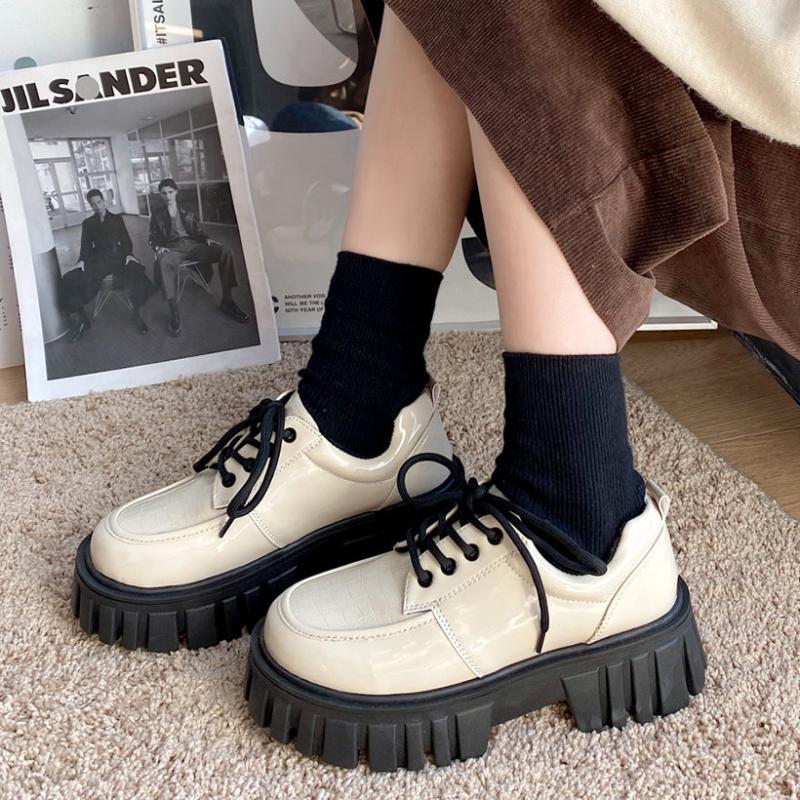 

Dress Shoes Chunky Oxford Mary Janes For Women Platform Ladies Pumps Flats Lace Up PU Leather Shallow Thick Bottomn Female Footwear, Black