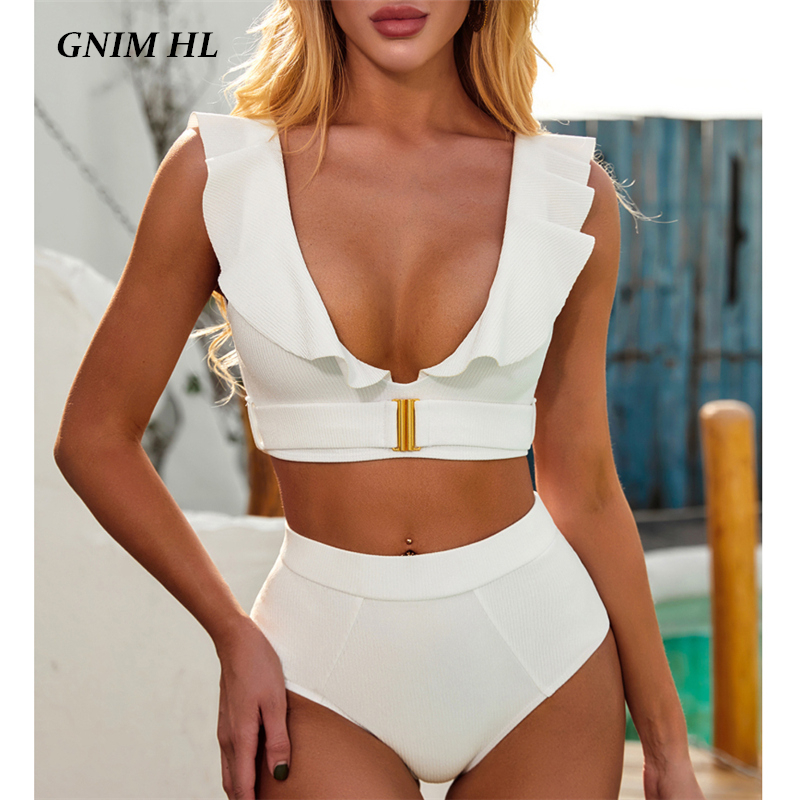 

GNIM Ruffle Bikini Swimwear Women With Belt 2021 Summer Solid Swimming Suit For Women High Waist Brazilian Swimsuit Two Pieces, White