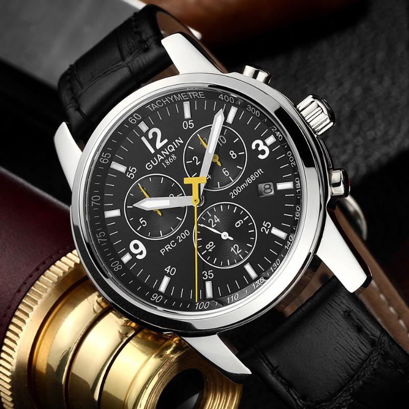 

Wristwatches GUANQIN-Luxury Business Brand Self-winding 200M Waterproof Calendar Leather Mechanical Automatic Watch Men With Stainless Steel, Silver blue