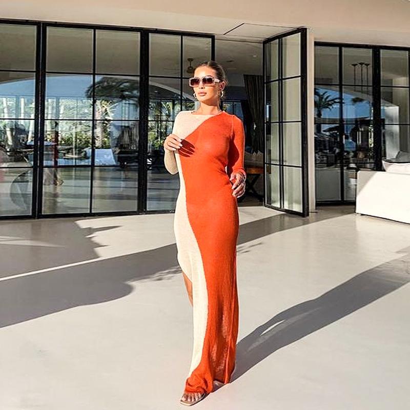 

Casual Dresses European And American Long Skirt Women's 2021 Fashion Orange Round Neck Long-sleeved Slim-fit Contrast Color Slit Girl Dress, Black;gray