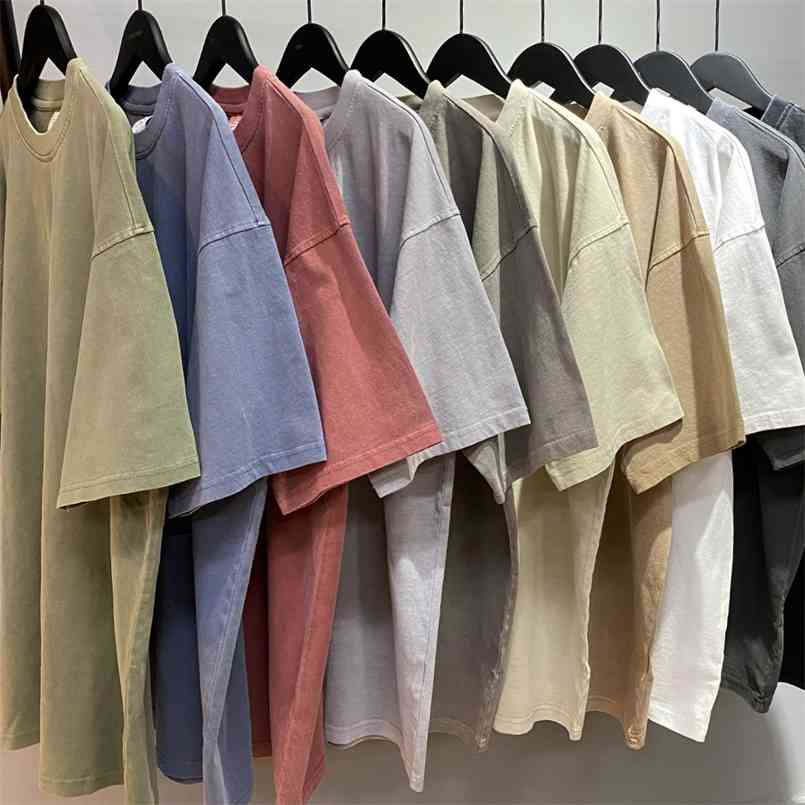 

Summer Garment-Washed Heavy Cotton T-shirt Short Sleeve Raglan Tops Hip Hop Tee Streetwear Nine Colors 210707, Washed khakigray