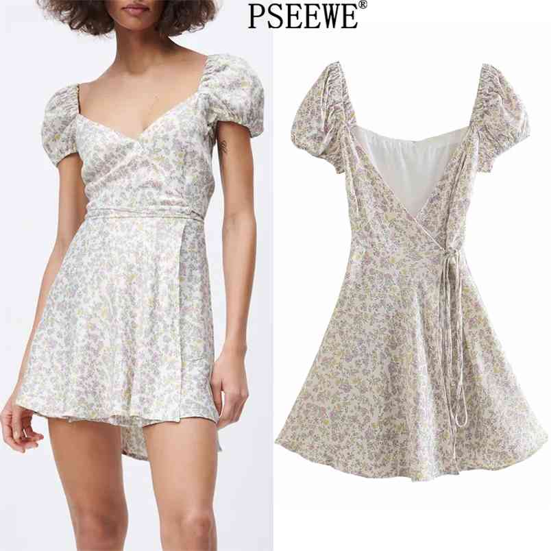

Floral Print Wrap Short Summer Dresses Women Fashion Puff Sleeve Mini Woman Vintage Cottagecore 210519