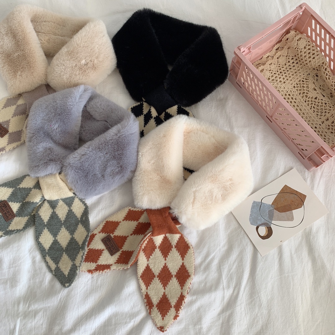 

New Winter Easy matching nice and warm Hairy rhombus knitted ribbon scarf for women fast delivery