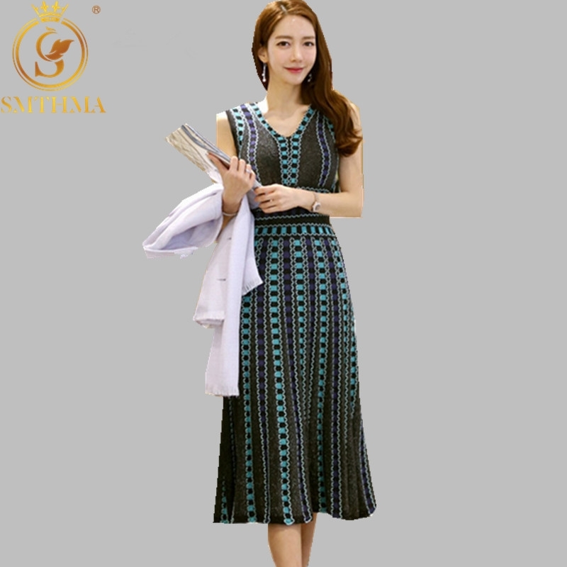 

Summer Long Knitted Jacquard Sweater Vest Dress Sexy V-Neck Women's Color Bright Vestido Da Festa 210520, Photo color
