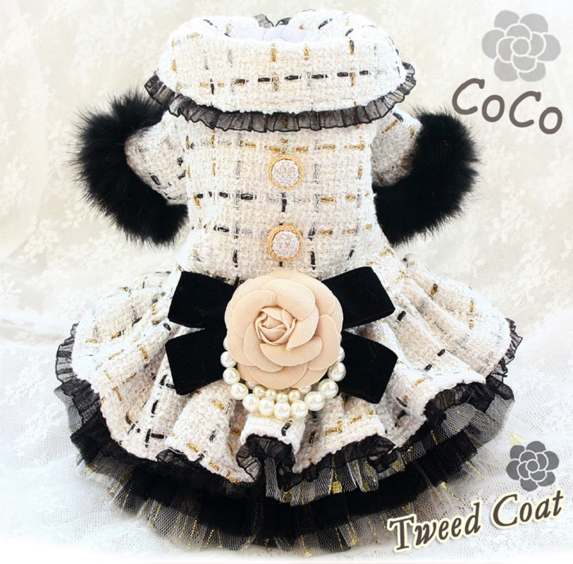 

Hot Sae Handmade Tweed Dog Cothes Pet Dress Coat Cat Outfit Fashion Design Cameia Bow Poode Yorkie Matese Drop Shipping, Beige